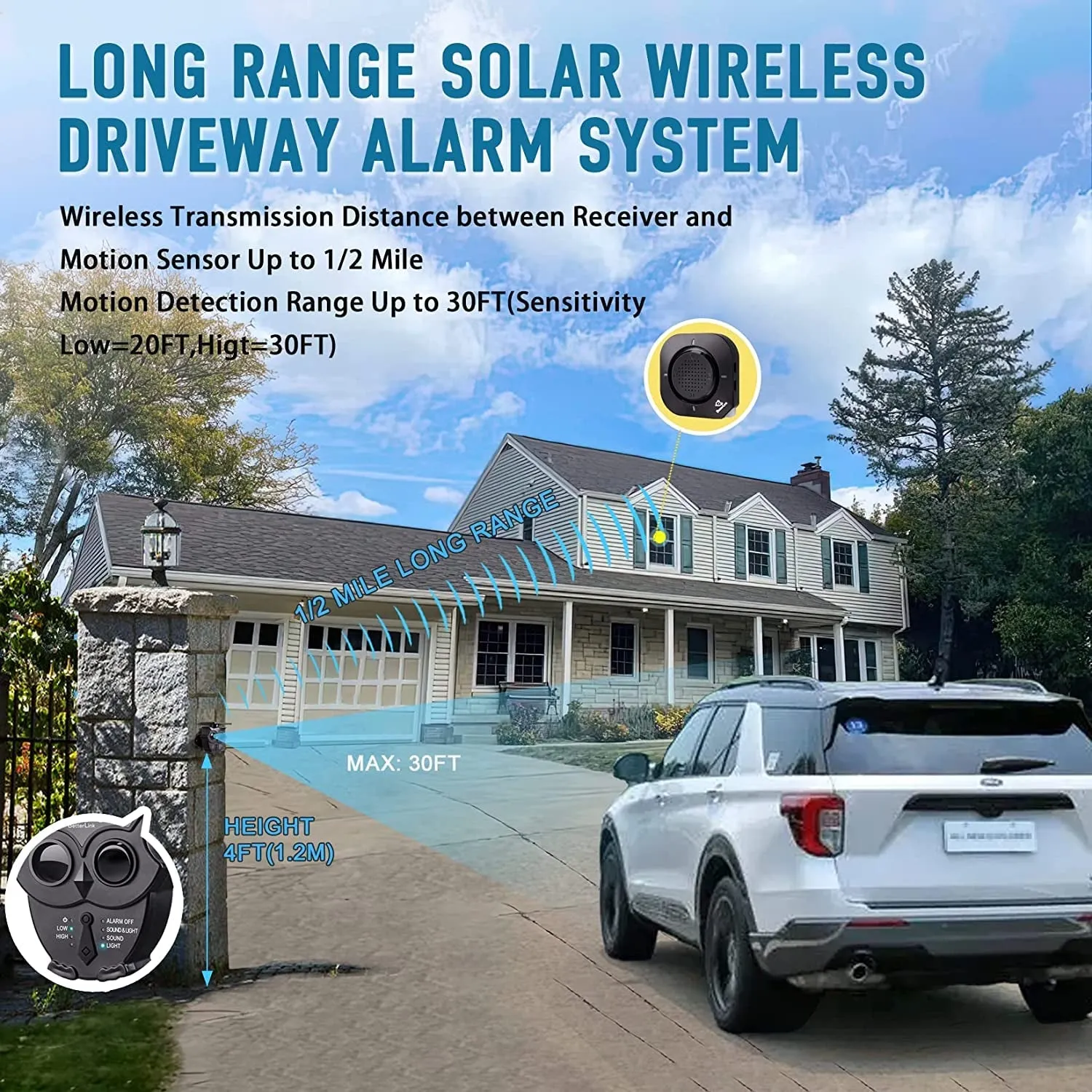 1/2 Mile Range Solar Wireless Driveway Alarm System IP65 Weatherproof Outdoor Motion Detectors&Sensor 120Db Siren Sound Light Security
