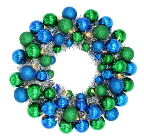 16" Blue and Green Ball Wreath with Battery Powered Warm White LEDs