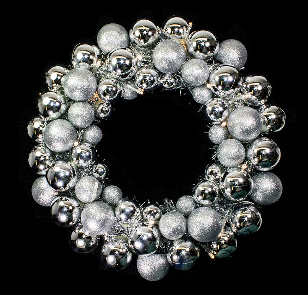 16" Silver Ball Wreath with Battery Powered Warm White LEDs