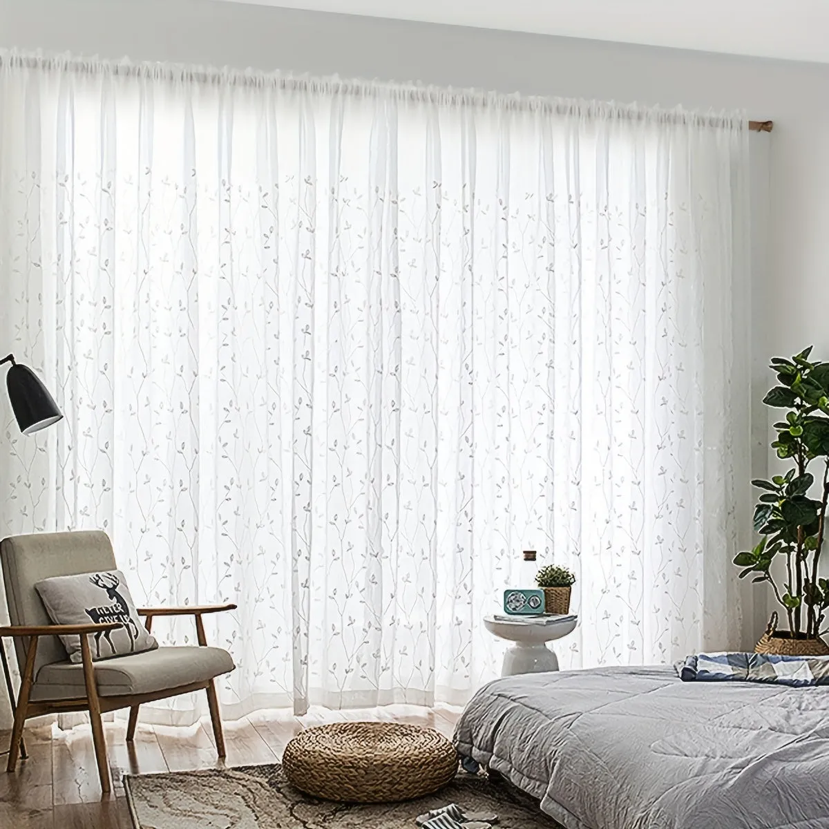 1pc Elegant Sheer Curtain with Vine Embroidery - Light-Filtering Leaf Design for Living Room & Bedroom - Easy Hang Rod Pocket