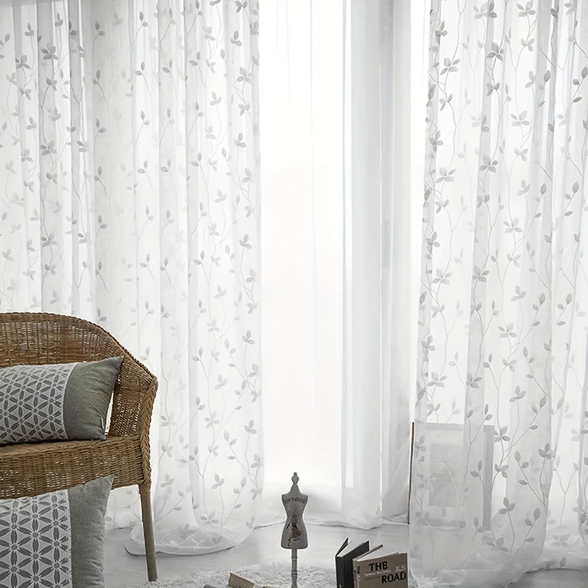1pc Elegant Sheer Curtain with Vine Embroidery - Light-Filtering Leaf Design for Living Room & Bedroom - Easy Hang Rod Pocket