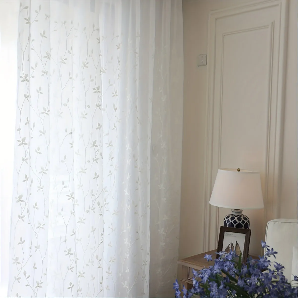 1pc Elegant Sheer Curtain with Vine Embroidery - Light-Filtering Leaf Design for Living Room & Bedroom - Easy Hang Rod Pocket