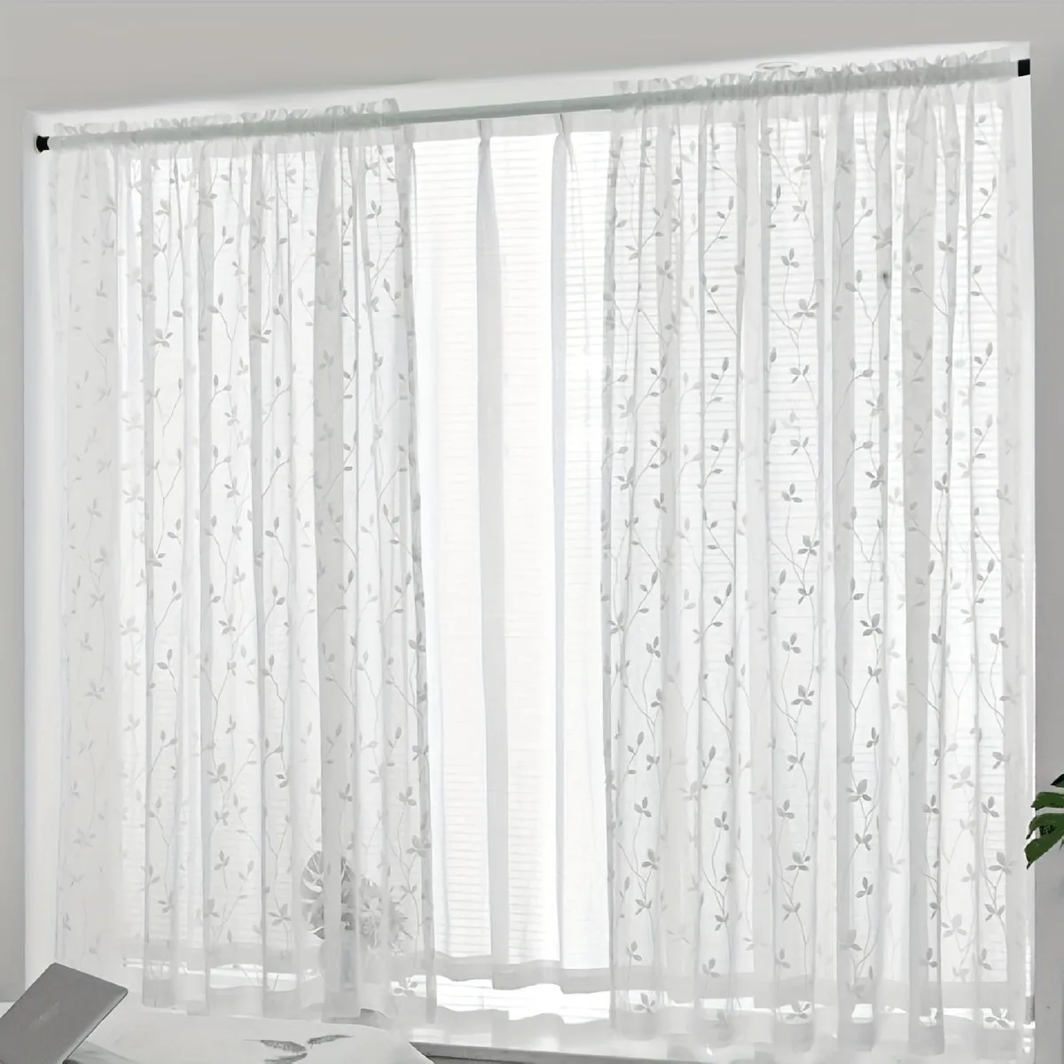 1pc Elegant Sheer Curtain with Vine Embroidery - Light-Filtering Leaf Design for Living Room & Bedroom - Easy Hang Rod Pocket