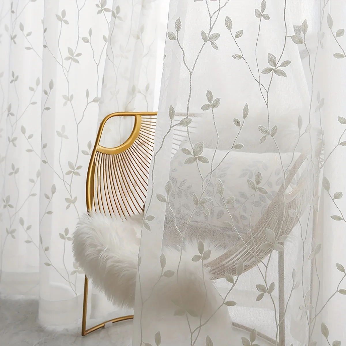 1pc Elegant Sheer Curtain with Vine Embroidery - Light-Filtering Leaf Design for Living Room & Bedroom - Easy Hang Rod Pocket