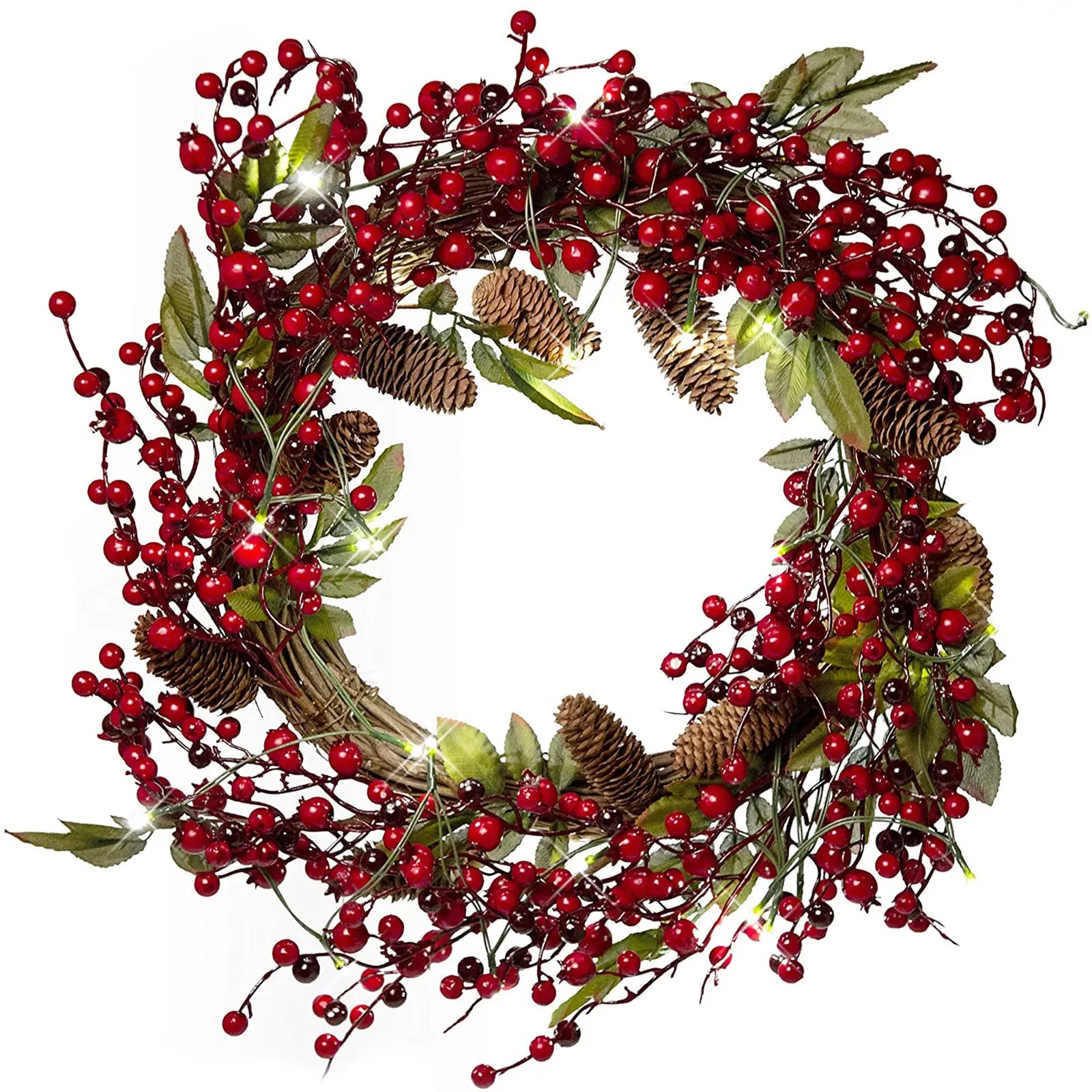 22 Inch Light-Up Christmas Wreath with Red Cranberries, Pinecones & Leaves, Battery Operated LED Lights with Timer