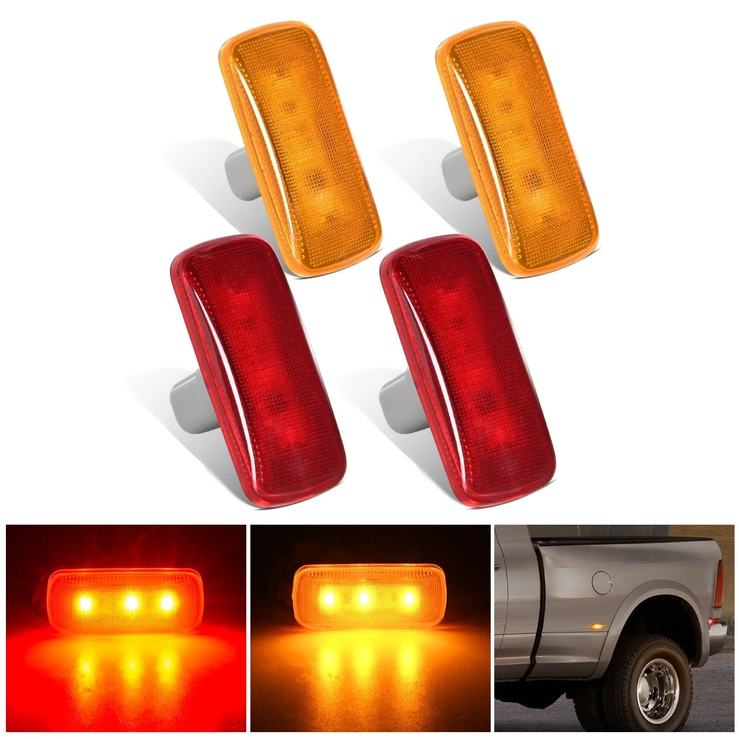 4 PCS 3 LED Red Amber Wheel Fender Side Marker Lights Compatible With 2010-2018 Dodge Ram 2500 3500 Super Duty
