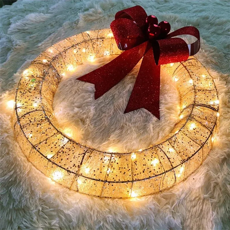 50CM LED Christmas Garland with Bow – Warm Light Door Decor