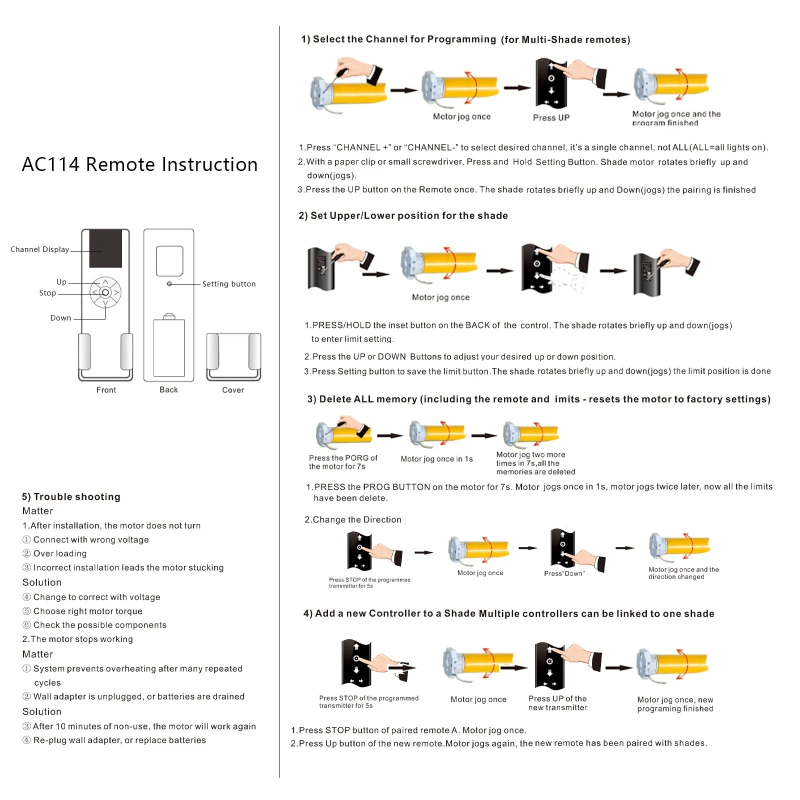 AC114-06 RF 433.92 Wireless Control, 6 Channel Blinds Controller for Motorized Roller Shades and Blinds