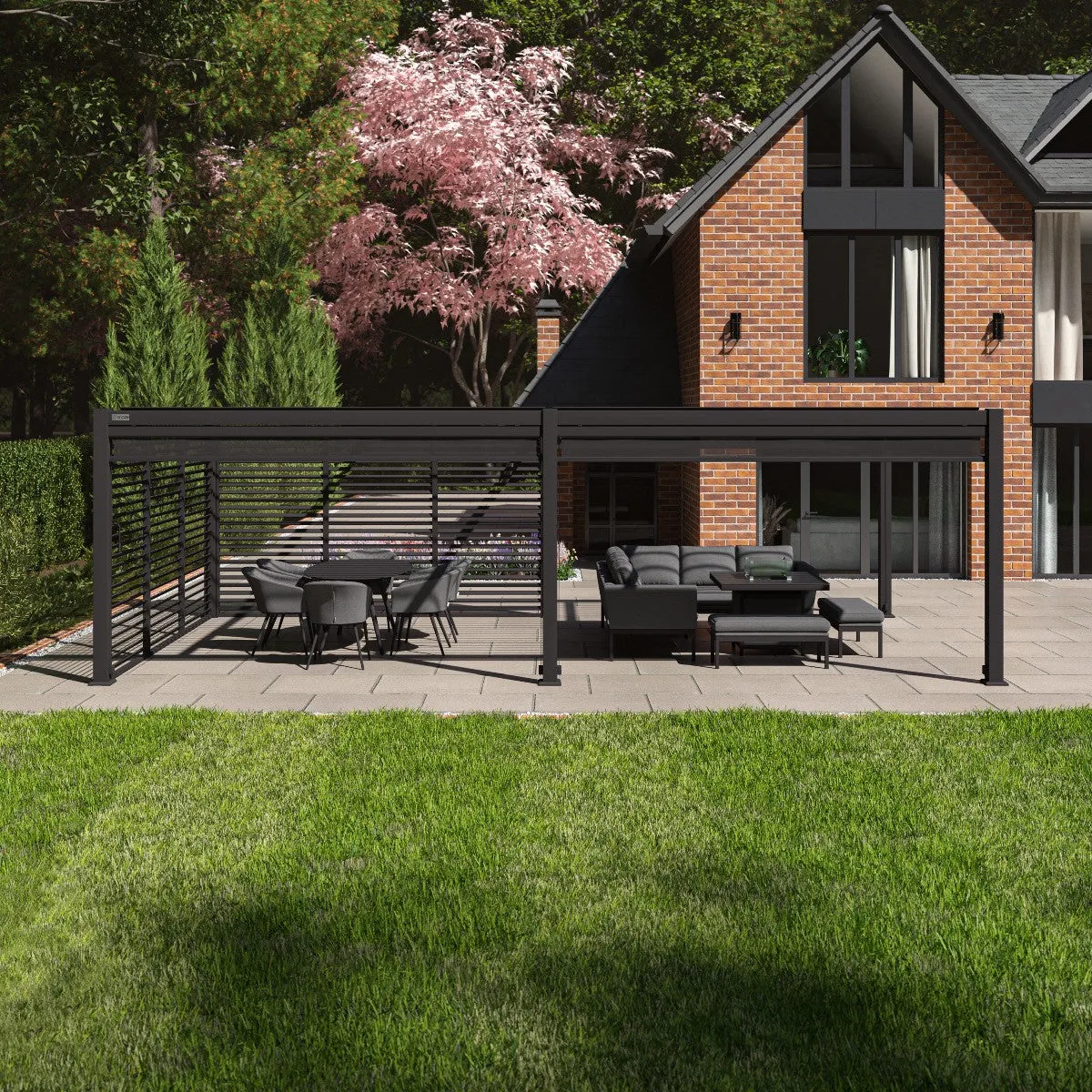 Aluminum Grey Pergola Gazebo with Louvered Roof 7.8m x 4m with 4 drop curtains and LED lights and Louvre Wall