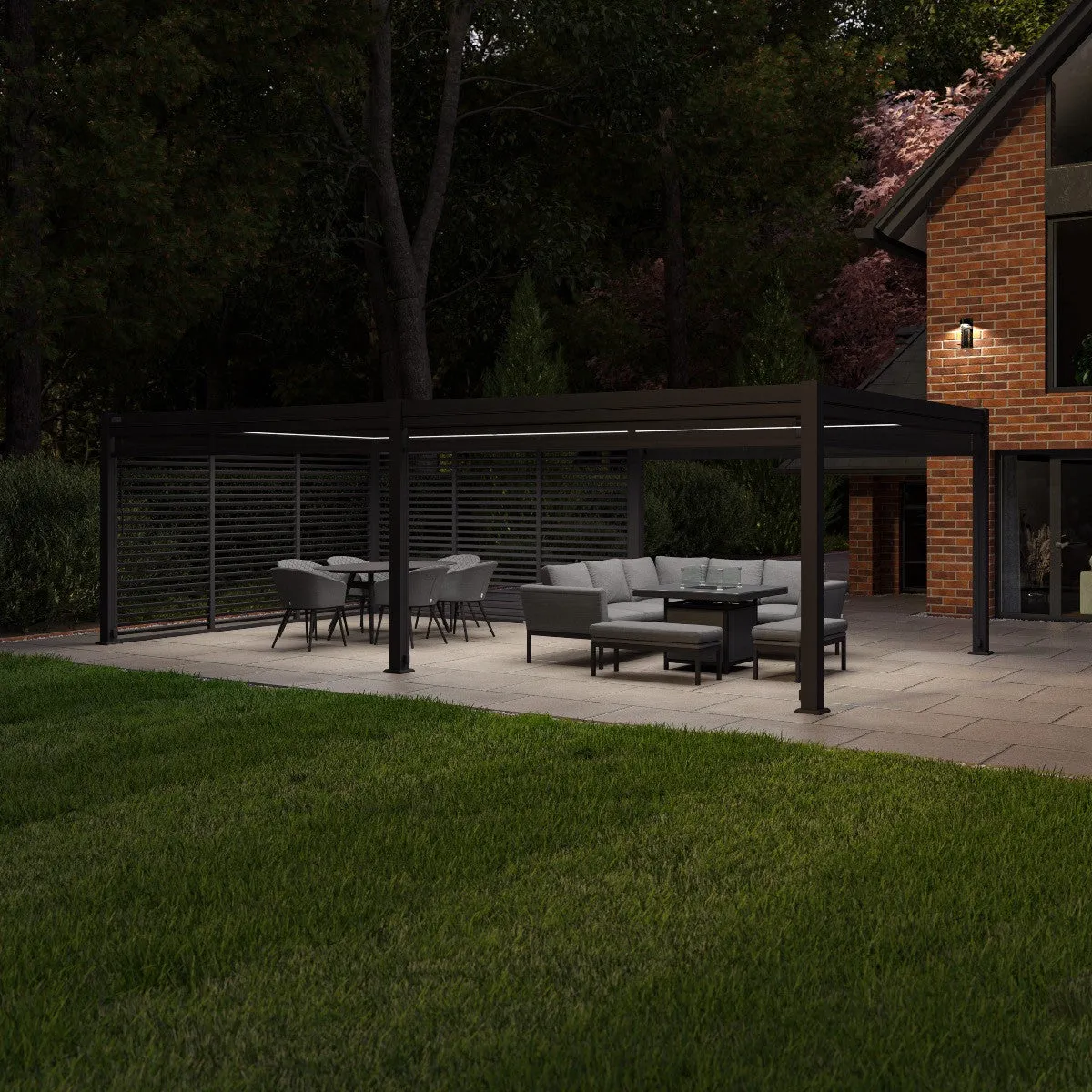 Aluminum Grey Pergola Gazebo with Louvered Roof 7.8m x 4m with 4 drop curtains and LED lights and Louvre Wall