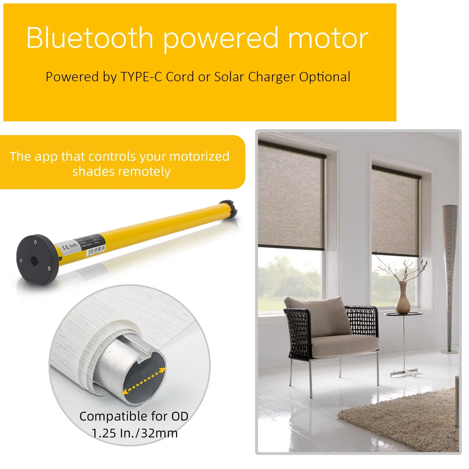 AM22-ES-EB Bluetooth Smart Blinds Motor 1-1/4" (32mm) Shade Tube, Rechargeable