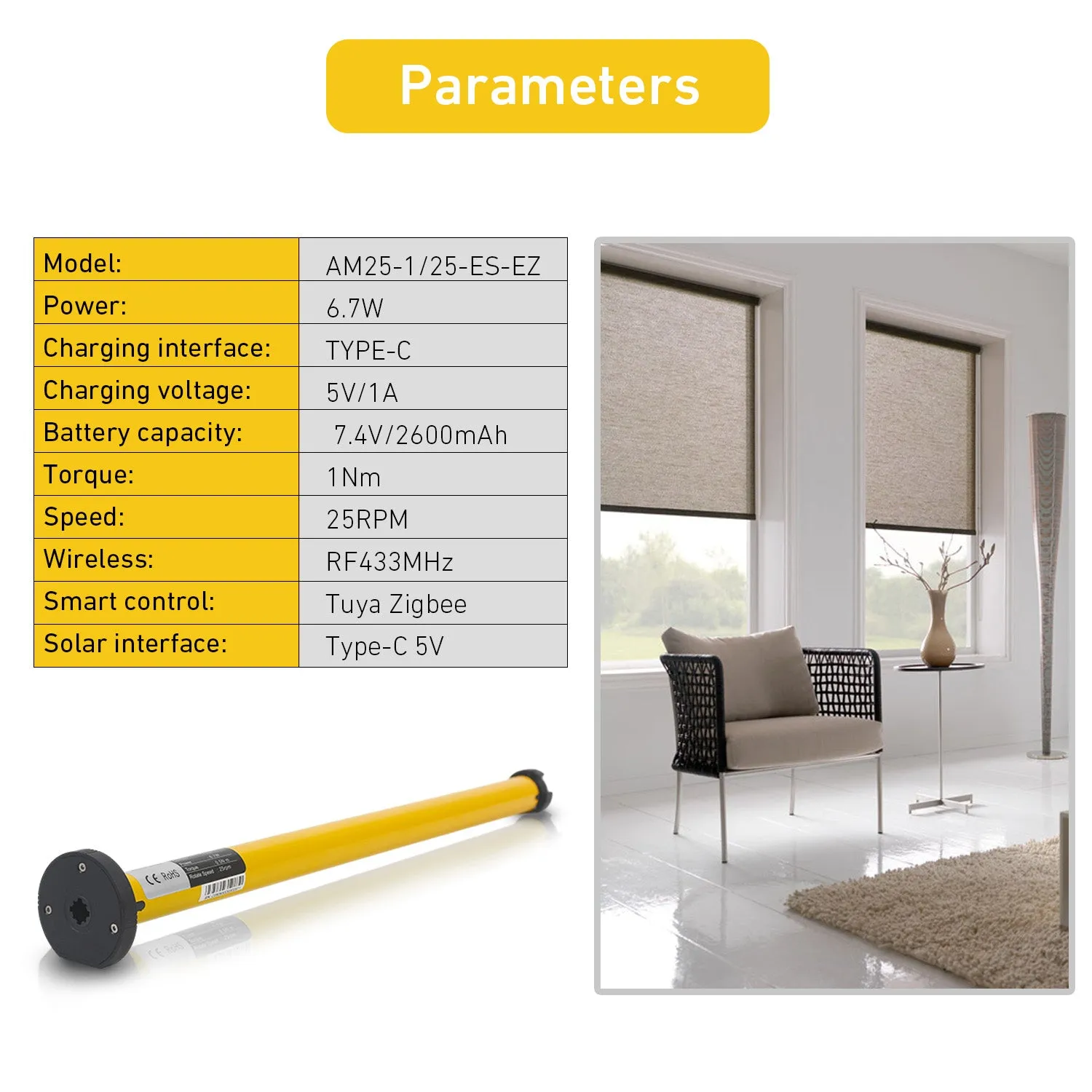 AM25-ES-EZ Electric Window Shades Motor for 1.5"(38mm)/1.75"(43mm) Shade Tube Work With Alexa Google Home