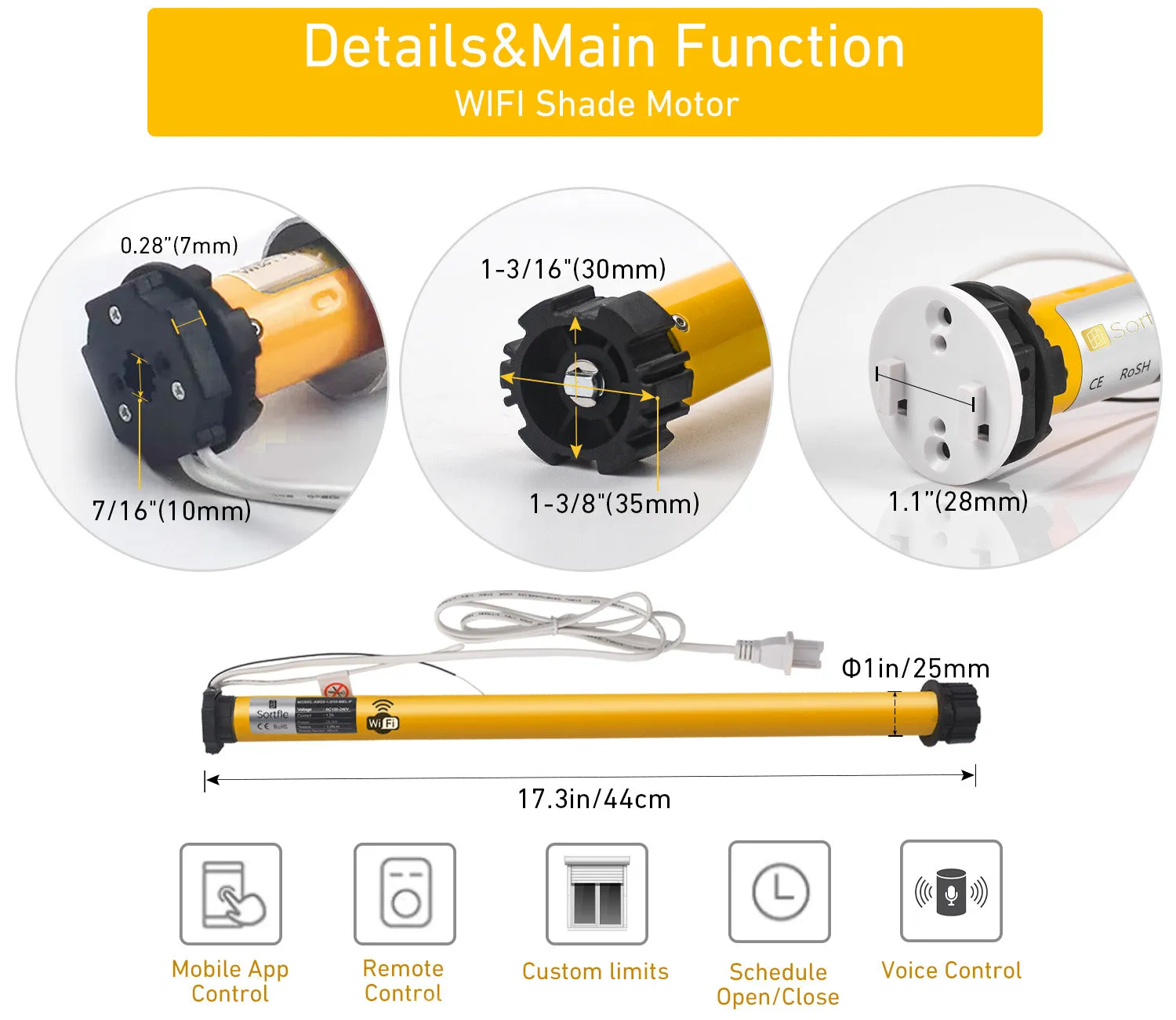 AM25 WiFi Smart Blinds Motor for 1.5"(38mm)/ 1.75"(43mm) Shade tube for Alexa,Googlehome