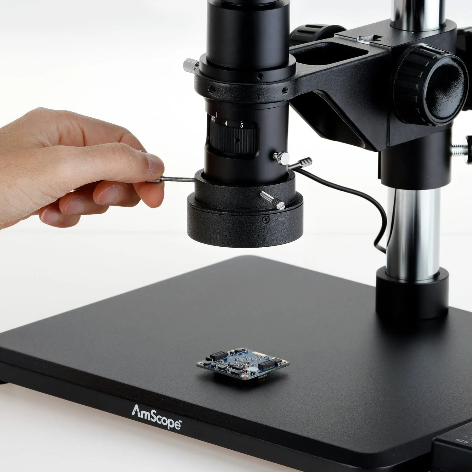 AmScope H800 Series Zoom Inspection Stereo Microscope 0.7X-5X Magnification with LED Ring Light on Table Stand   Auto-Focus HDMI Camera