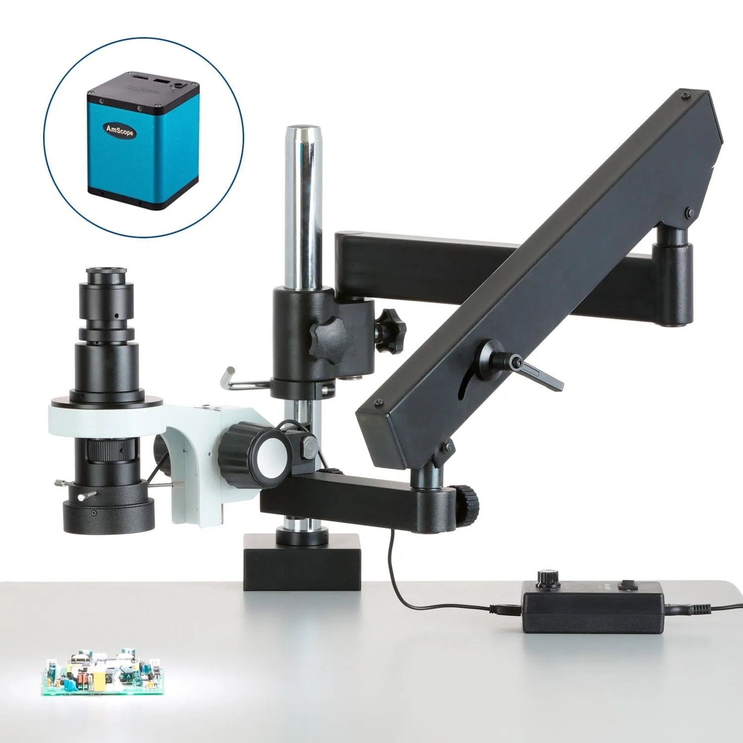 AmScope H800 Zoom Inspection Monocular Stereo Microscope 0.7X-5X Magnification with LED Ring Light on Articulating Arm with Pillar and Auto-Focus HDMI Camera