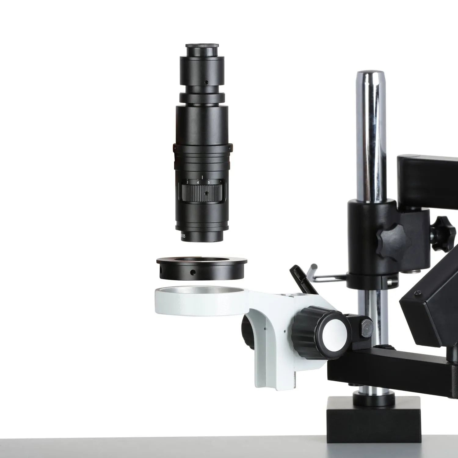 AmScope H800 Zoom Inspection Monocular Stereo Microscope 0.7X-5X Magnification with LED Ring Light on Articulating Arm with Pillar and Auto-Focus HDMI Camera