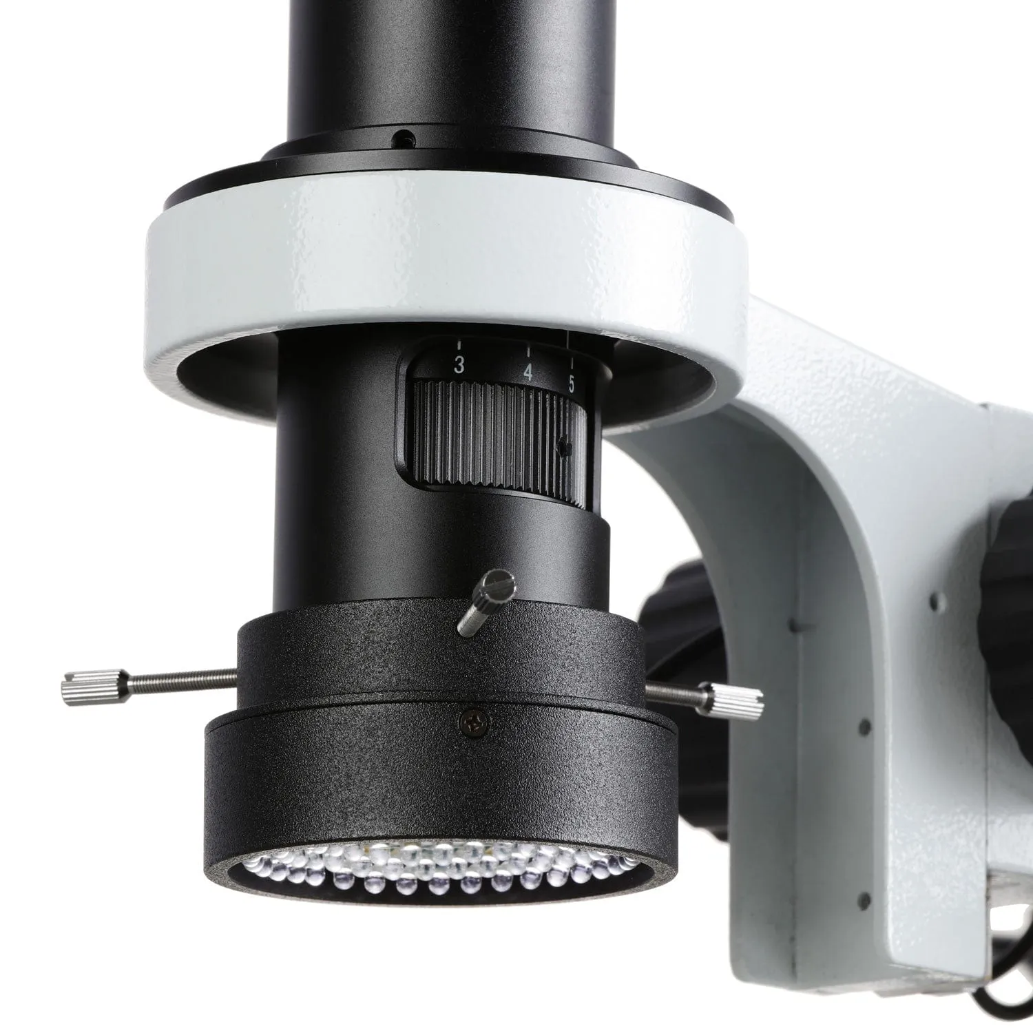 AmScope H800 Zoom Inspection Monocular Stereo Microscope 0.7X-5X Magnification with LED Ring Light on Articulating Arm with Pillar and Auto-Focus HDMI Camera