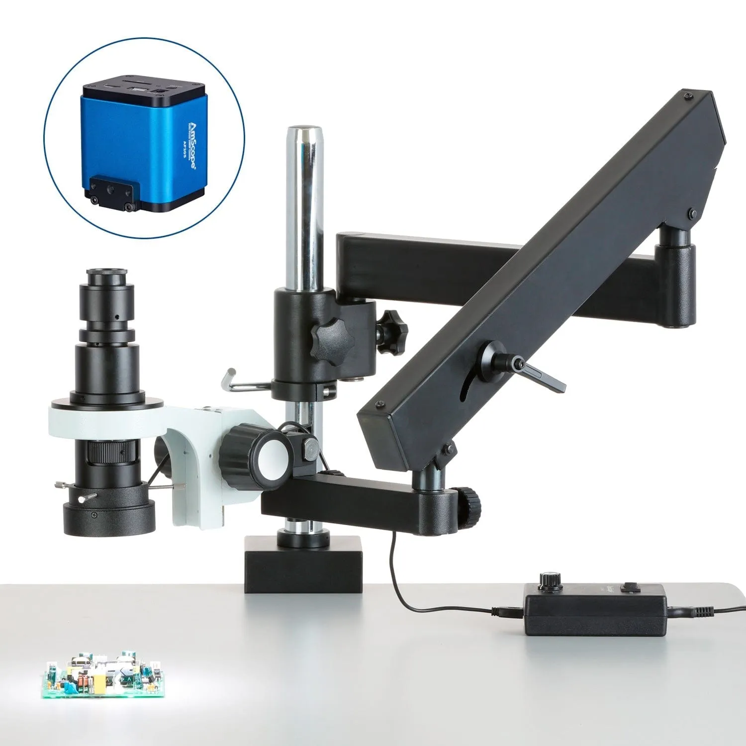 AmScope H800 Zoom Inspection Monocular Stereo Microscope 0.7X-5X Magnification with LED Ring Light on Articulating Arm with Pillar and Auto-Focus HDMI Camera