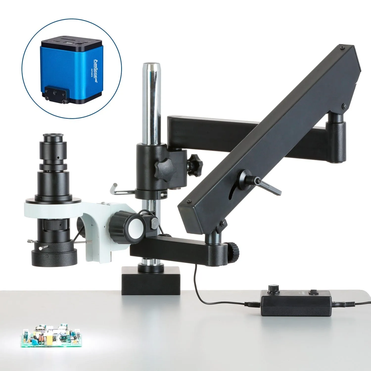 AmScope H800 Zoom Inspection Monocular Stereo Microscope 0.7X-5X Magnification with LED Ring Light on Articulating Arm with Pillar and Auto-Focus HDMI Camera