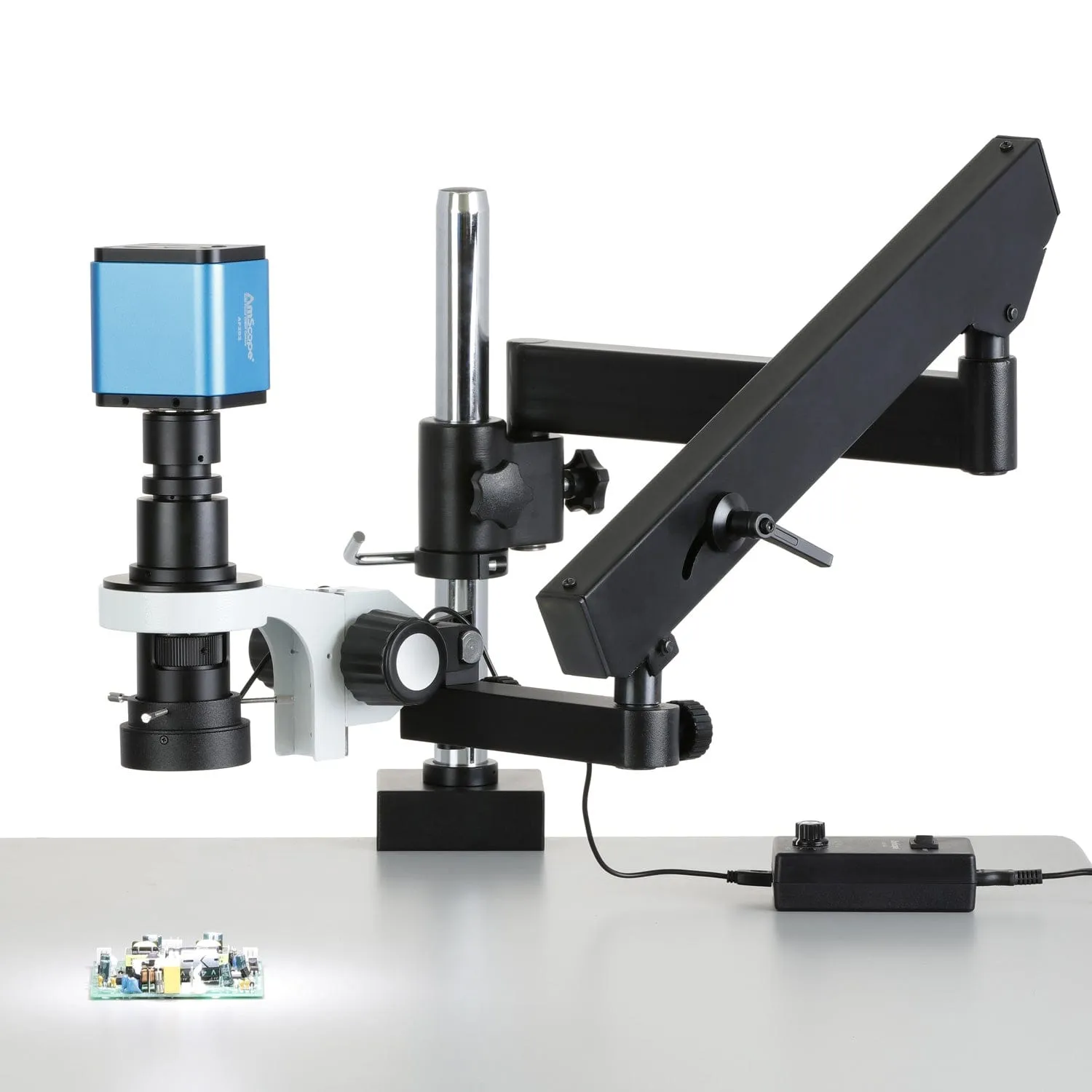 AmScope H800 Zoom Inspection Monocular Stereo Microscope 0.7X-5X Magnification with LED Ring Light on Articulating Arm with Pillar and Auto-Focus HDMI Camera