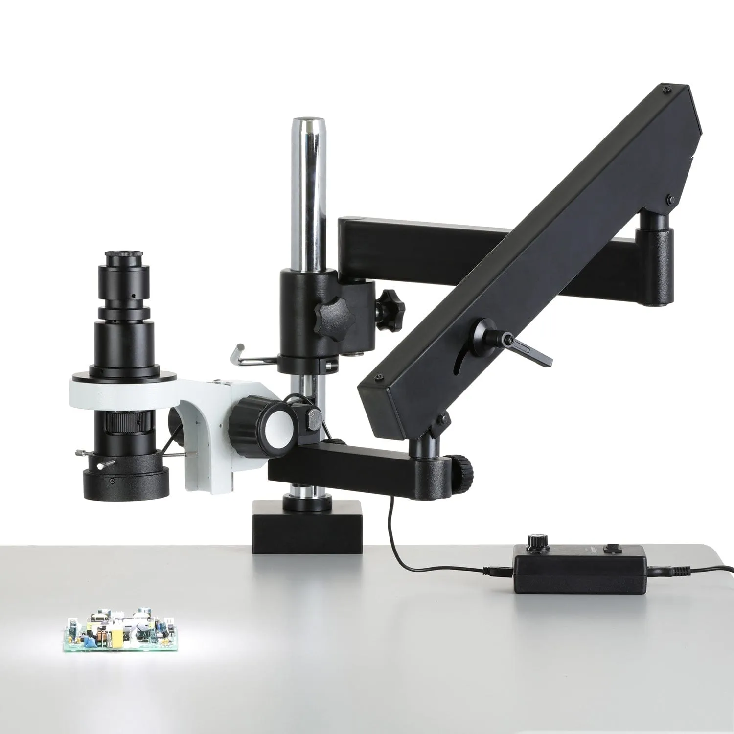 AmScope H800 Zoom Inspection Monocular Stereo Microscope 0.7X-5X Magnification with LED Ring Light on Articulating Arm with Pillar and Auto-Focus HDMI Camera