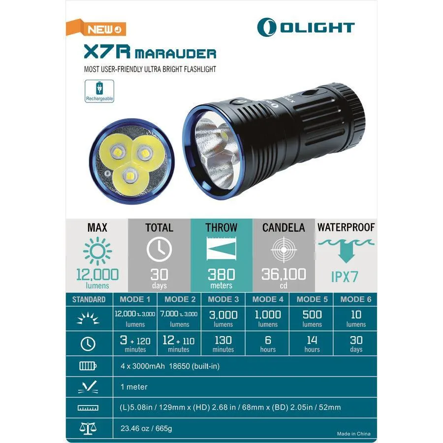 Brand New OLIGHT X7R Marauder 12,000 Lumens rechargeable LED Flashlight/Searchlight