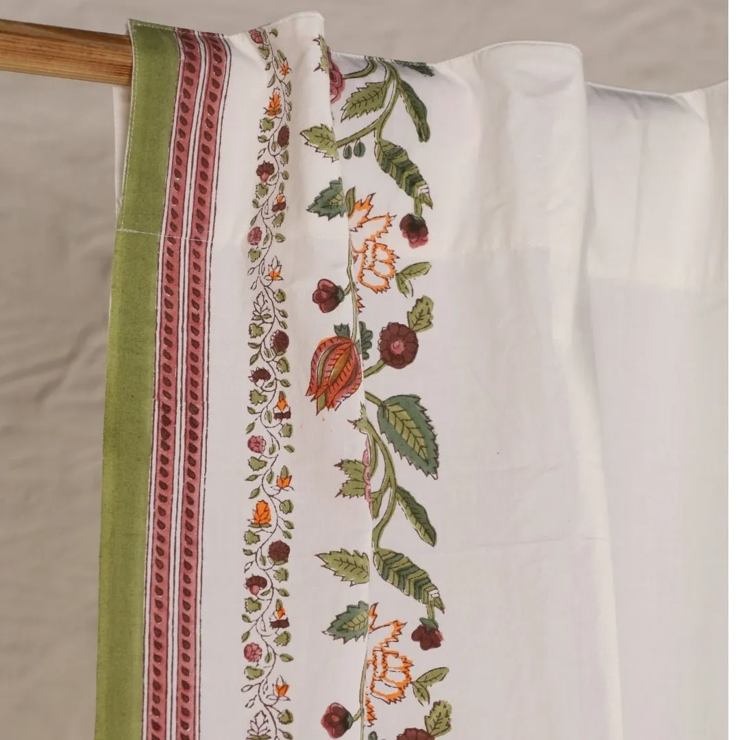 Cotton Window And Door Curtains With Hand Block Printed Floral Pattern Border | 5 / 7 ft|  Handmade In India