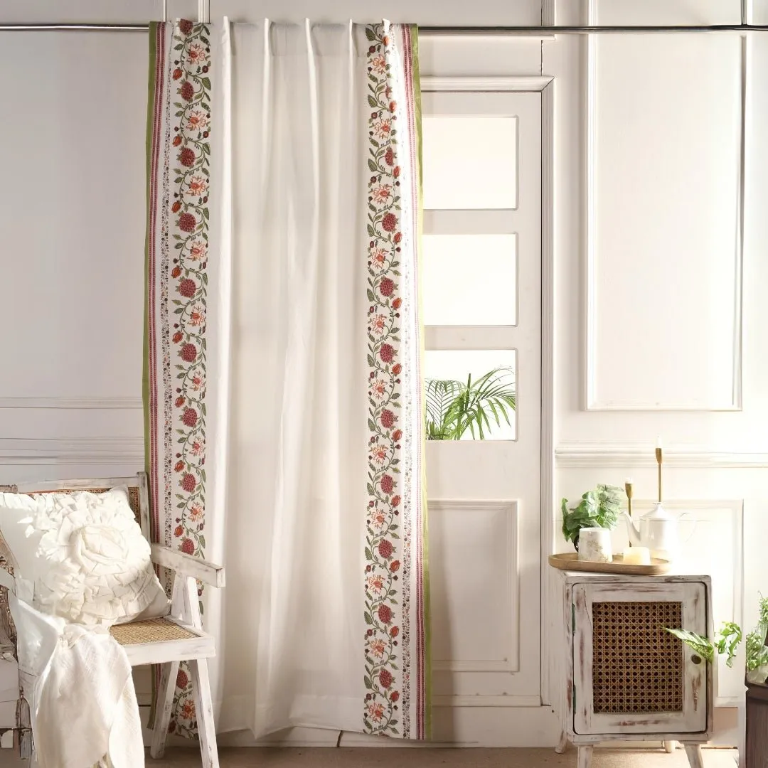 Cotton Window And Door Curtains With Hand Block Printed Floral Pattern Border | 5 / 7 ft|  Handmade In India
