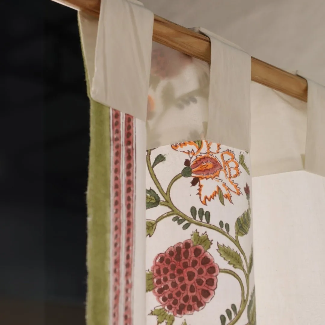 Cotton Window And Door Curtains With Hand Block Printed Floral Pattern Border | 5 / 7 ft|  Handmade In India