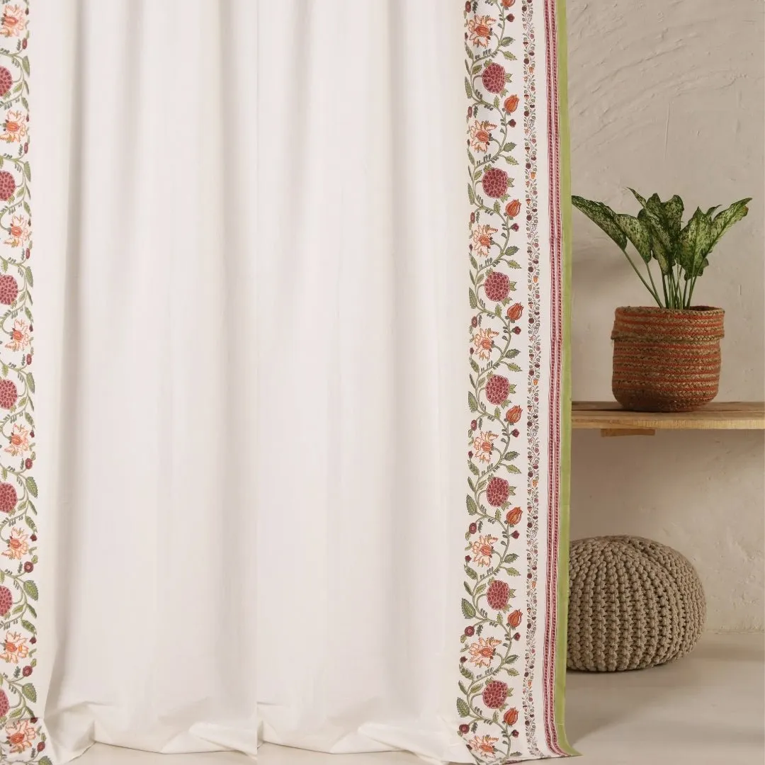 Cotton Window And Door Curtains With Hand Block Printed Floral Pattern Border | 5 / 7 ft|  Handmade In India
