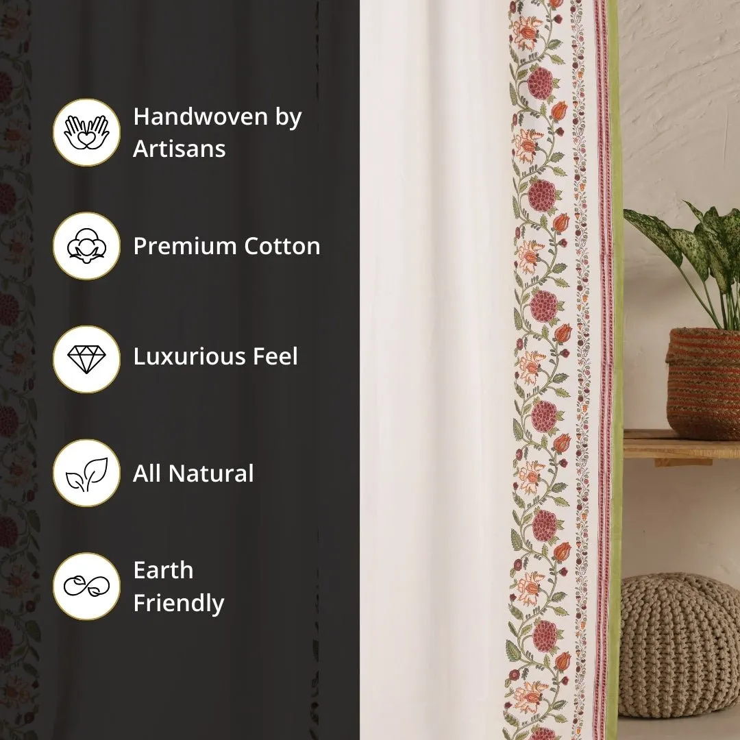 Cotton Window And Door Curtains With Hand Block Printed Floral Pattern Border | 5 / 7 ft|  Handmade In India