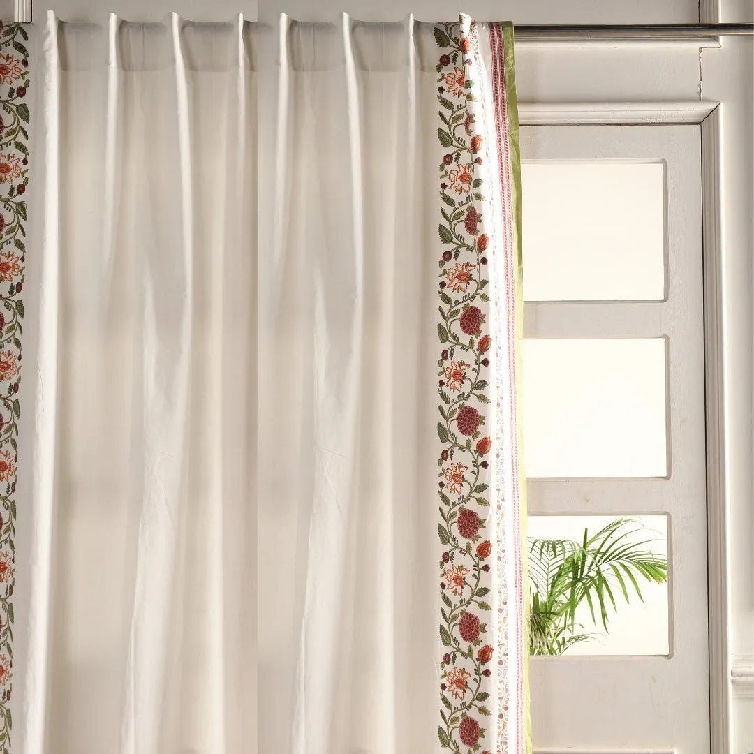 Cotton Window And Door Curtains With Hand Block Printed Floral Pattern Border | 5 / 7 ft|  Handmade In India