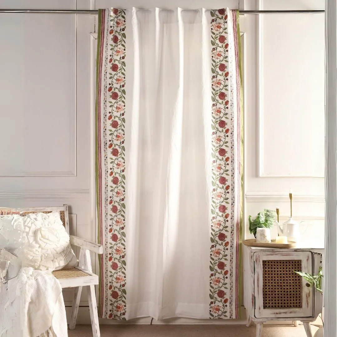Cotton Window And Door Curtains With Hand Block Printed Floral Pattern Border | 5 / 7 ft|  Handmade In India