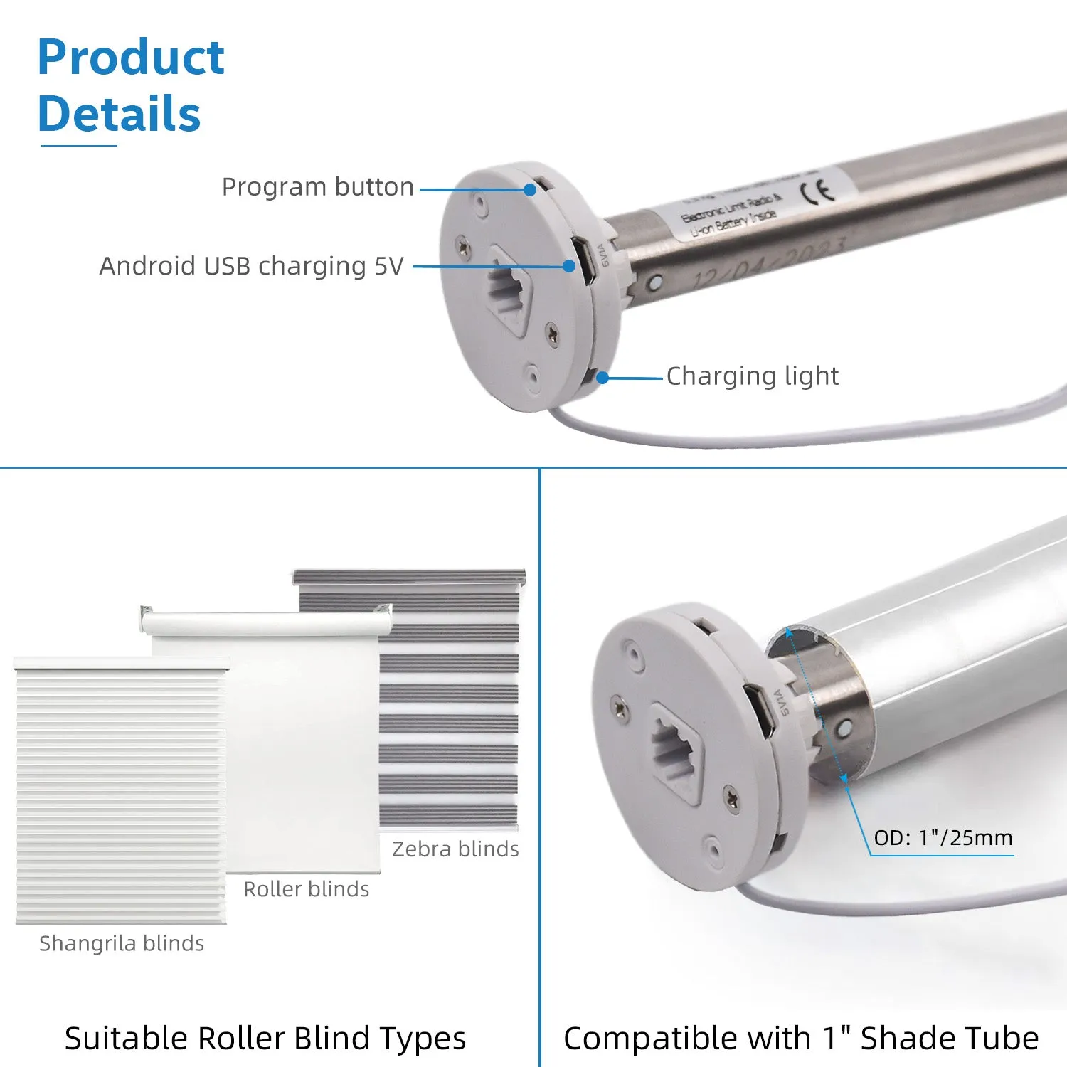 DM15LEU-Rechargeable Roller Shade Motor, Working for 1"/25mm Shade Tube