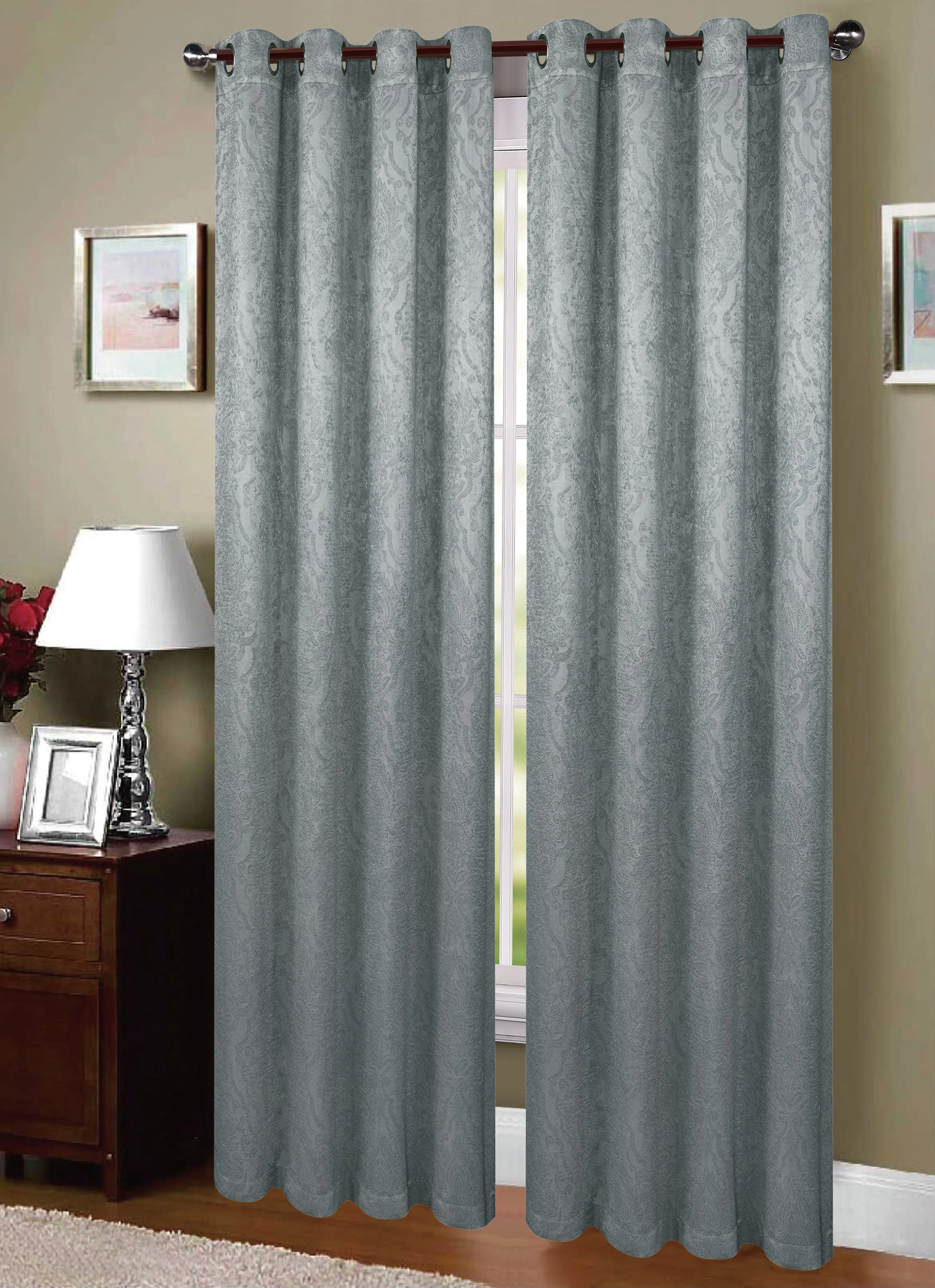 Embossed Bright Velvet Panne Blackout Room Darkening Grommet Top Window Curtain Panel, 81026