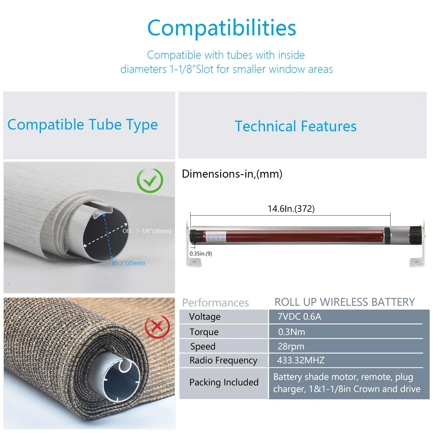 ERB25/ERB16 Rechargeable Roller Blinds/Shade Motor (Compatible 1in.-2in. Roller Shade Tubes )