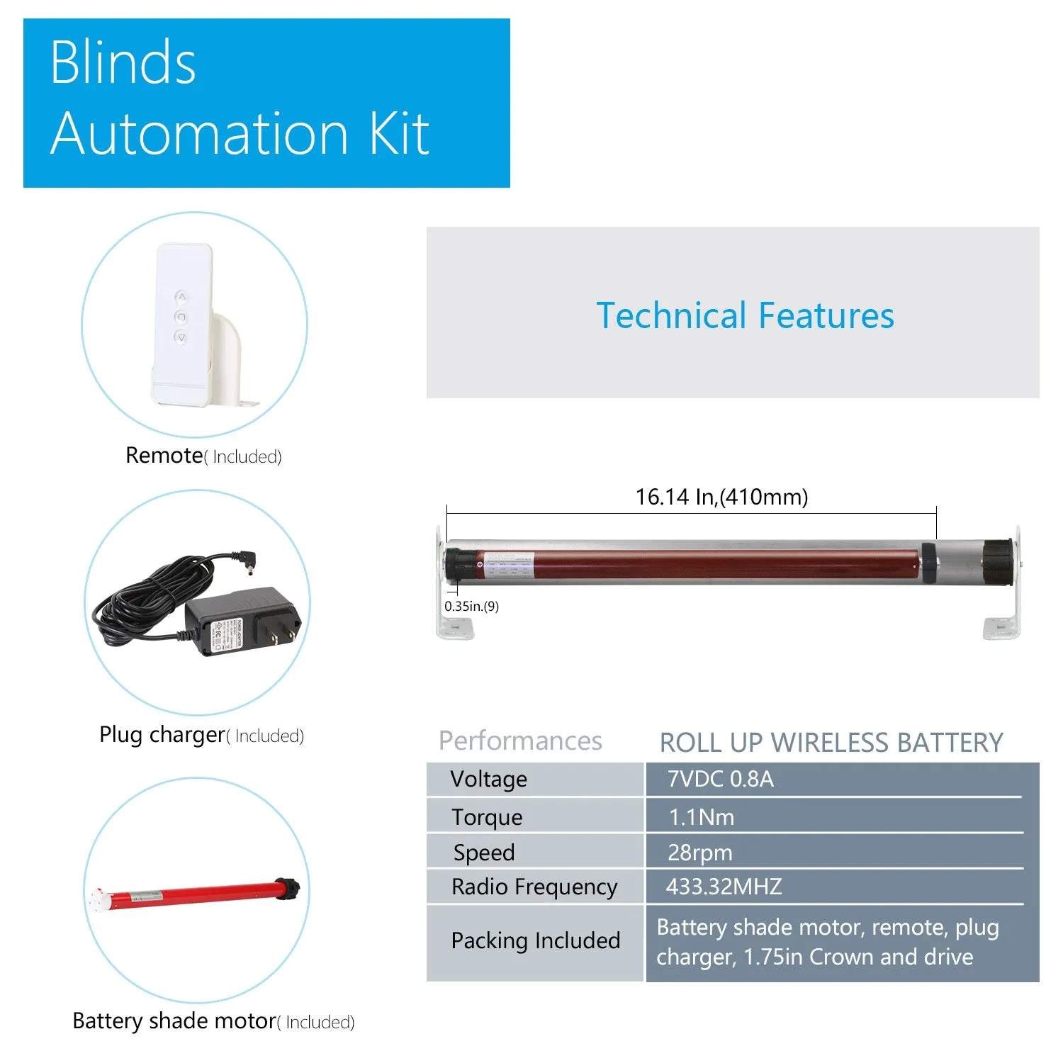ERB25/ERB16 Rechargeable Roller Blinds/Shade Motor (Compatible 1in.-2in. Roller Shade Tubes )