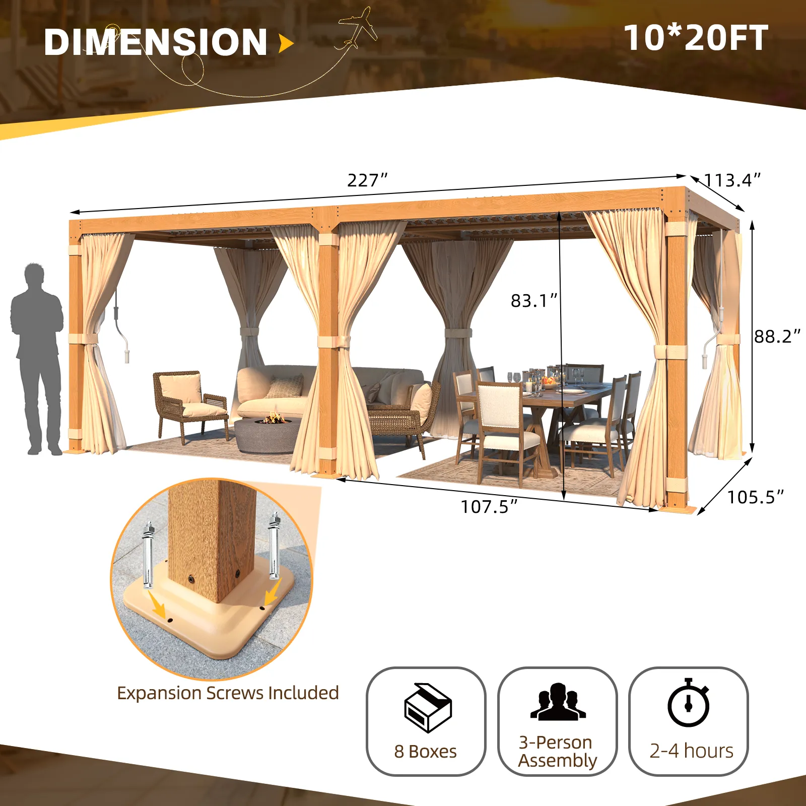 EROMMY 10X20 Louvered Pergola with Independent Adjustable Roof – Wood Grain