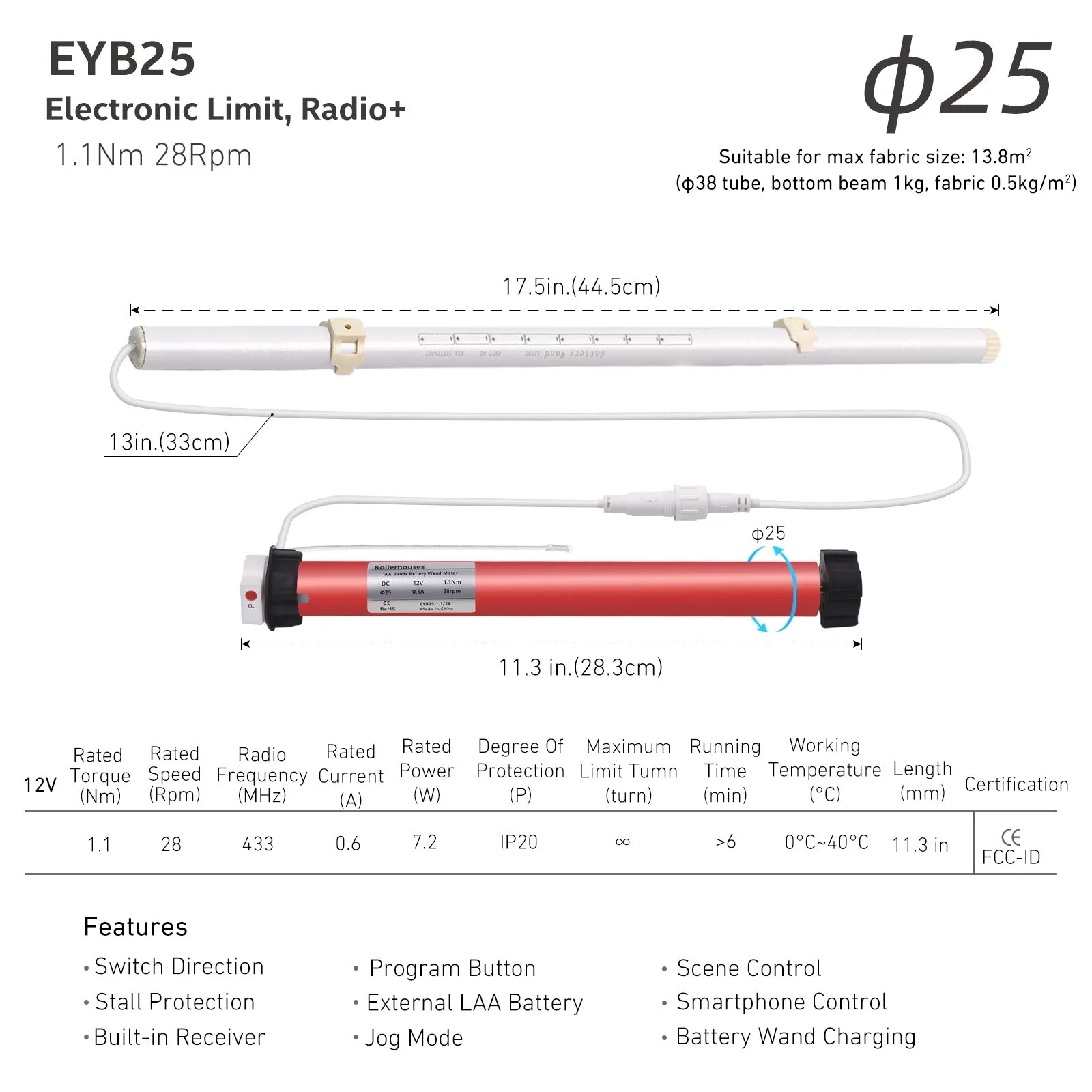 EYB25 12V DC Volt AA Reloadable Tube/Wand Battery Powered Roller Shade Motor with Remote Control for Motorized Shades - Power Blinds & Shades