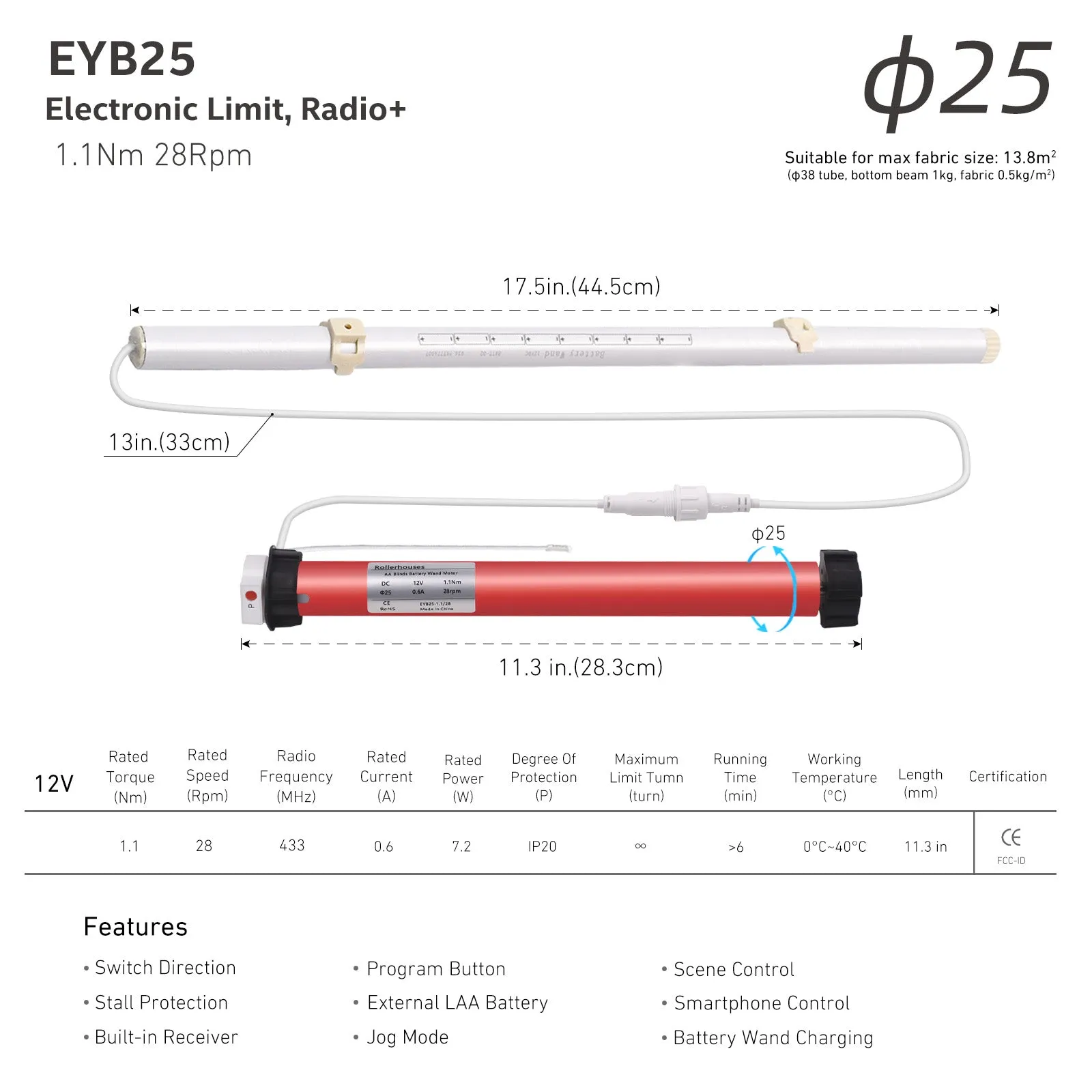 EYB25 12V DC Volt AA Reloadable Tube/Wand Battery Powered Roller Shade Motor with Remote Control for Motorized Shades - Power Blinds & Shades