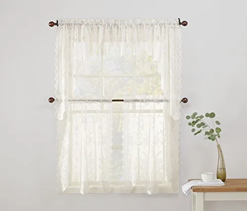 Floral Lace Sheer Rod Pocket Kitchen Curtain Valance and Tiers Set