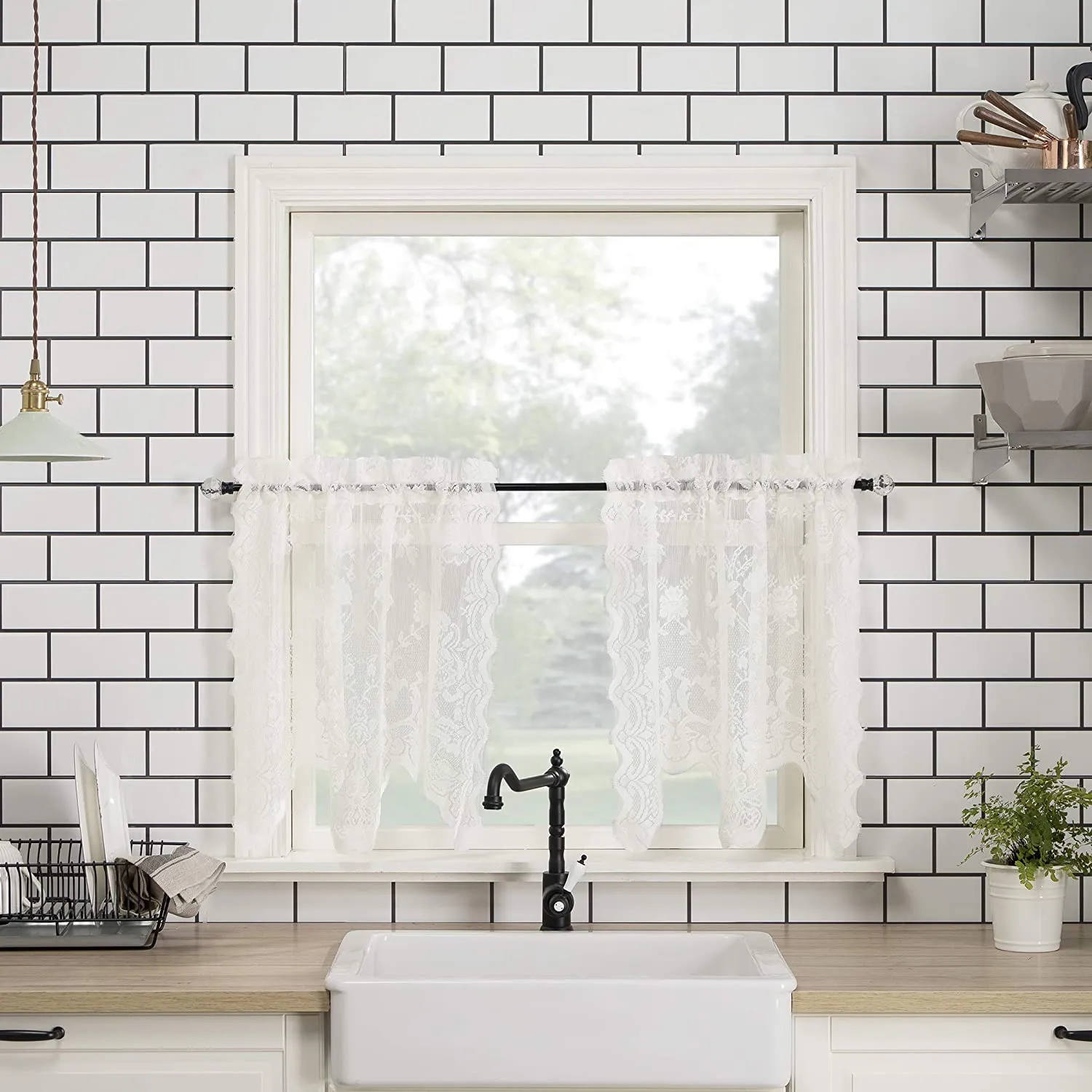 Floral Lace Sheer Rod Pocket Kitchen Curtain Valance and Tiers Set