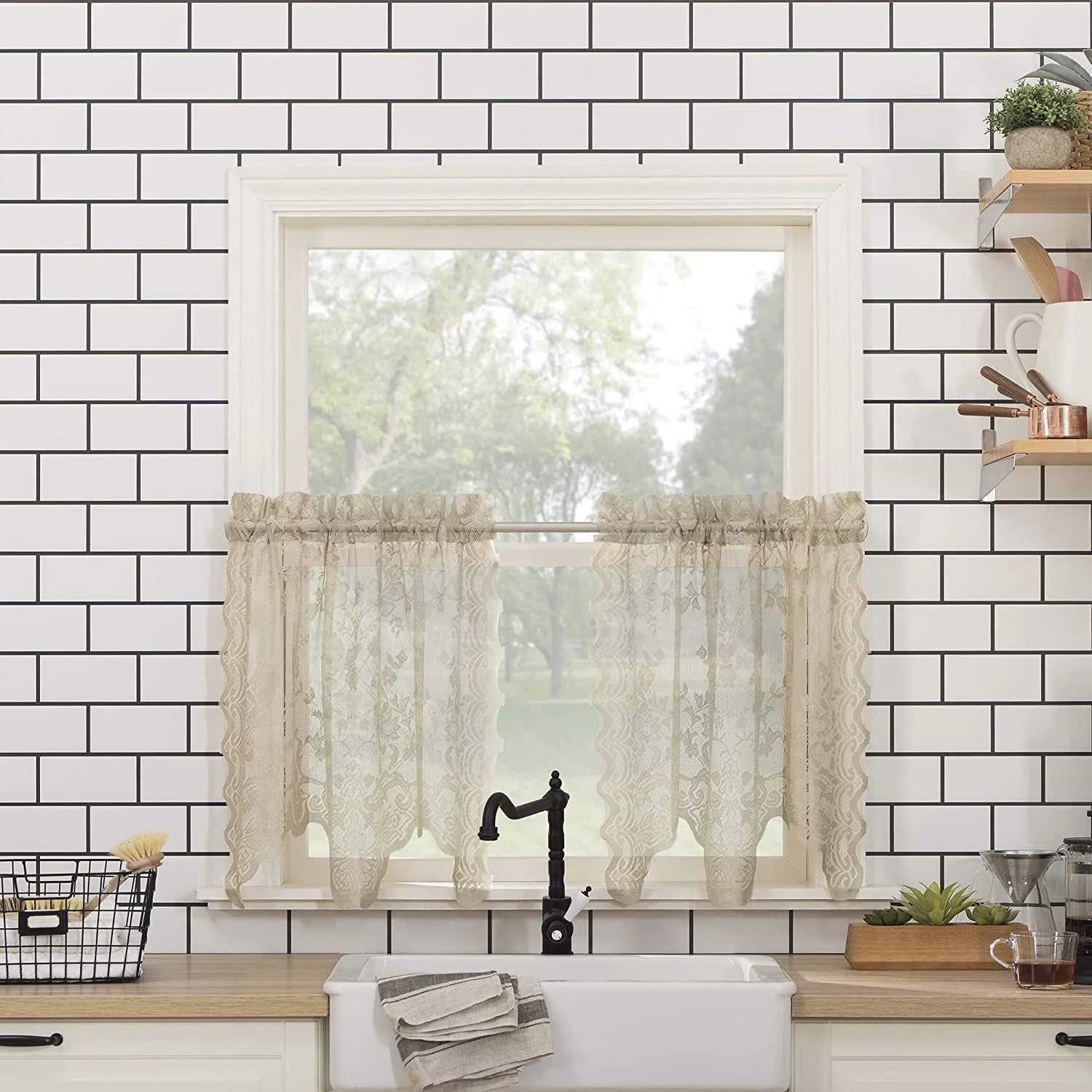 Floral Lace Sheer Rod Pocket Kitchen Curtain Valance and Tiers Set