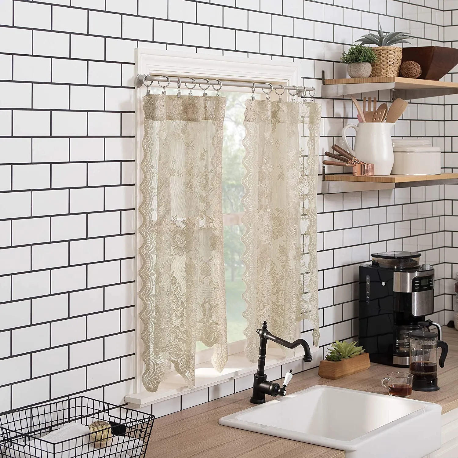 Floral Lace Sheer Rod Pocket Kitchen Curtain Valance and Tiers Set