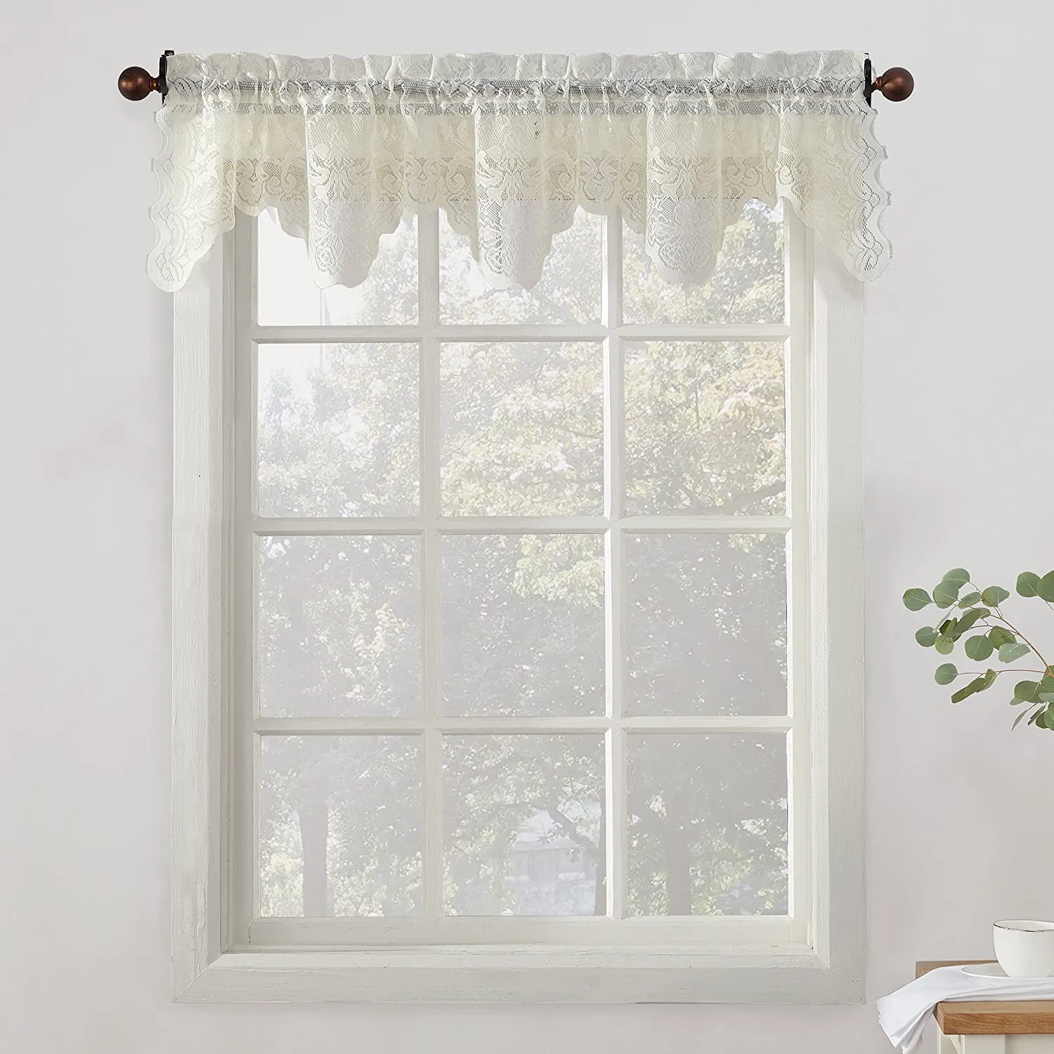 Floral Lace Sheer Rod Pocket Kitchen Curtain Valance and Tiers Set