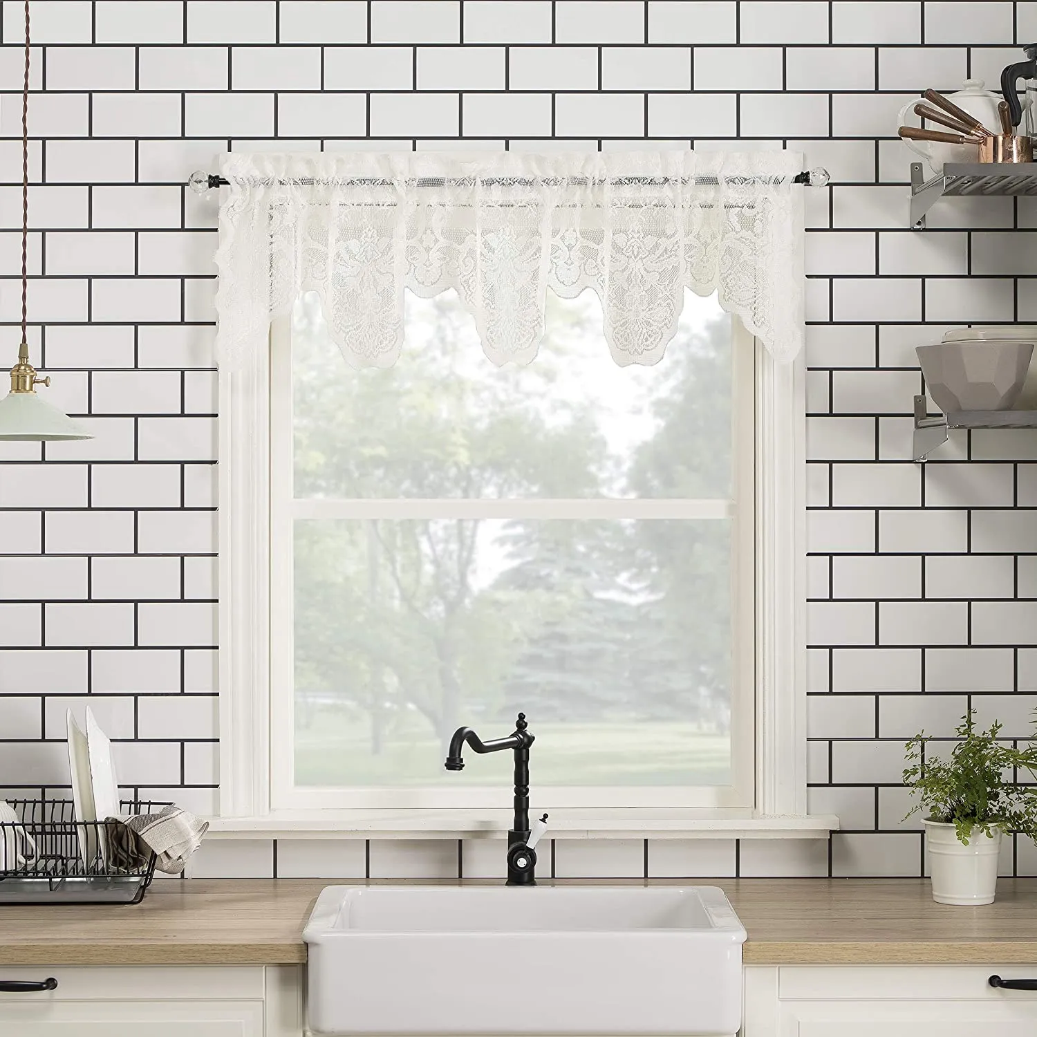 Floral Lace Sheer Rod Pocket Kitchen Curtain Valance and Tiers Set