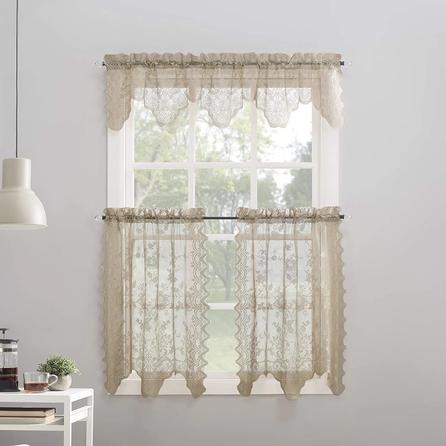 Floral Lace Sheer Rod Pocket Kitchen Curtain Valance and Tiers Set