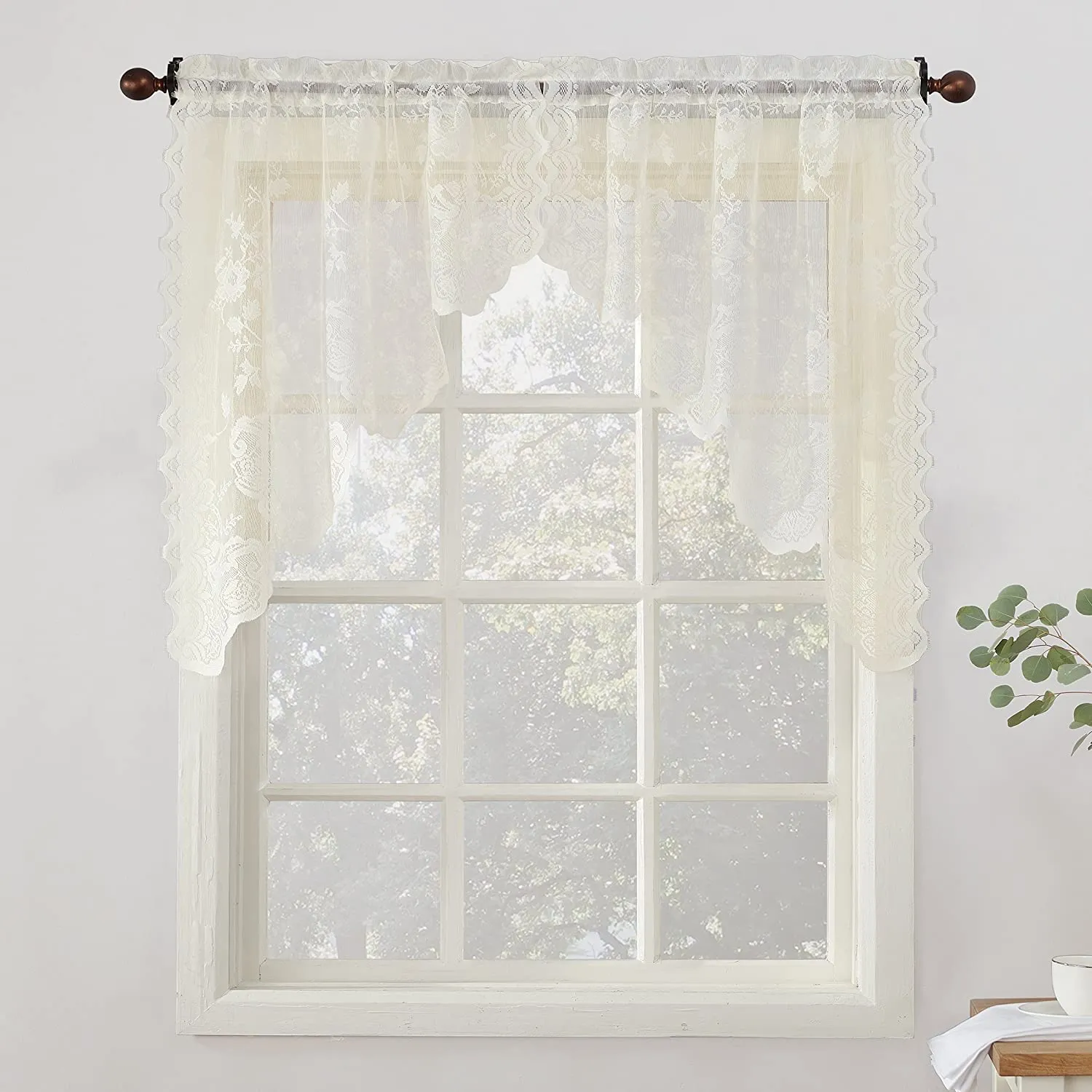 Floral Lace Sheer Rod Pocket Kitchen Curtain Valance and Tiers Set