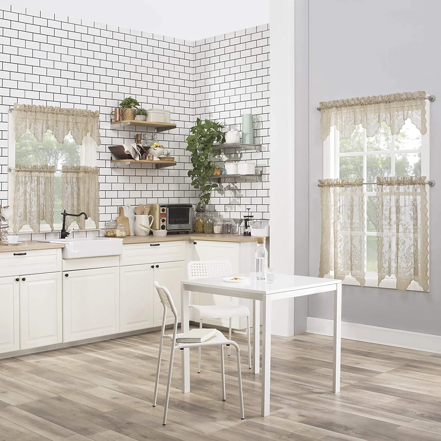 Floral Lace Sheer Rod Pocket Kitchen Curtain Valance and Tiers Set
