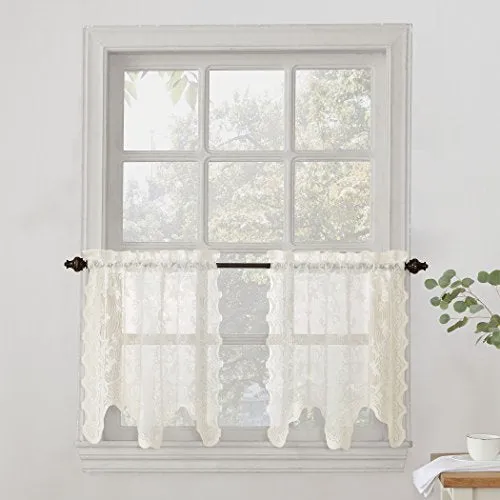Floral Lace Sheer Rod Pocket Kitchen Curtain Valance and Tiers Set